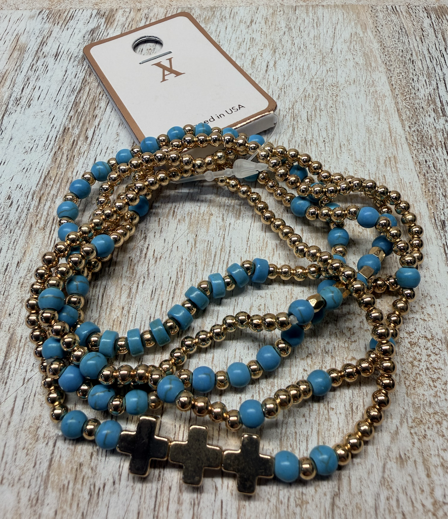 Alternating gold and turquoise with crosses layered bracelet