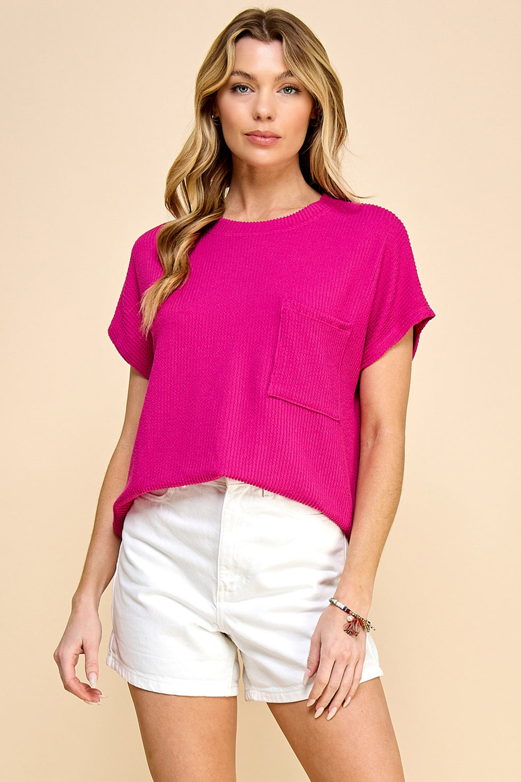 Les Amis Solid Ribbed Top with Pockets Blouse Les Amis Magenta Small 