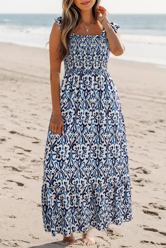 Ldc Boho Print Smocked High Waist Maxi Dress