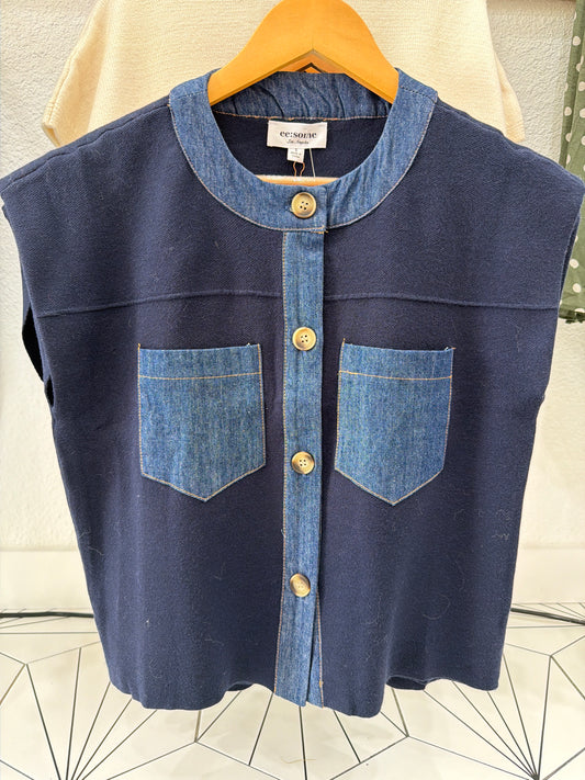 Denim trim patch pocket knit top
