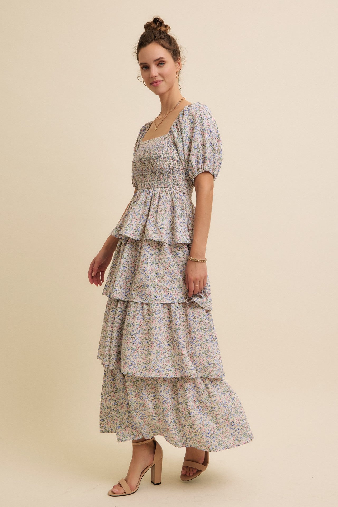 Floral smocked short sleeved ruffle maxi dress