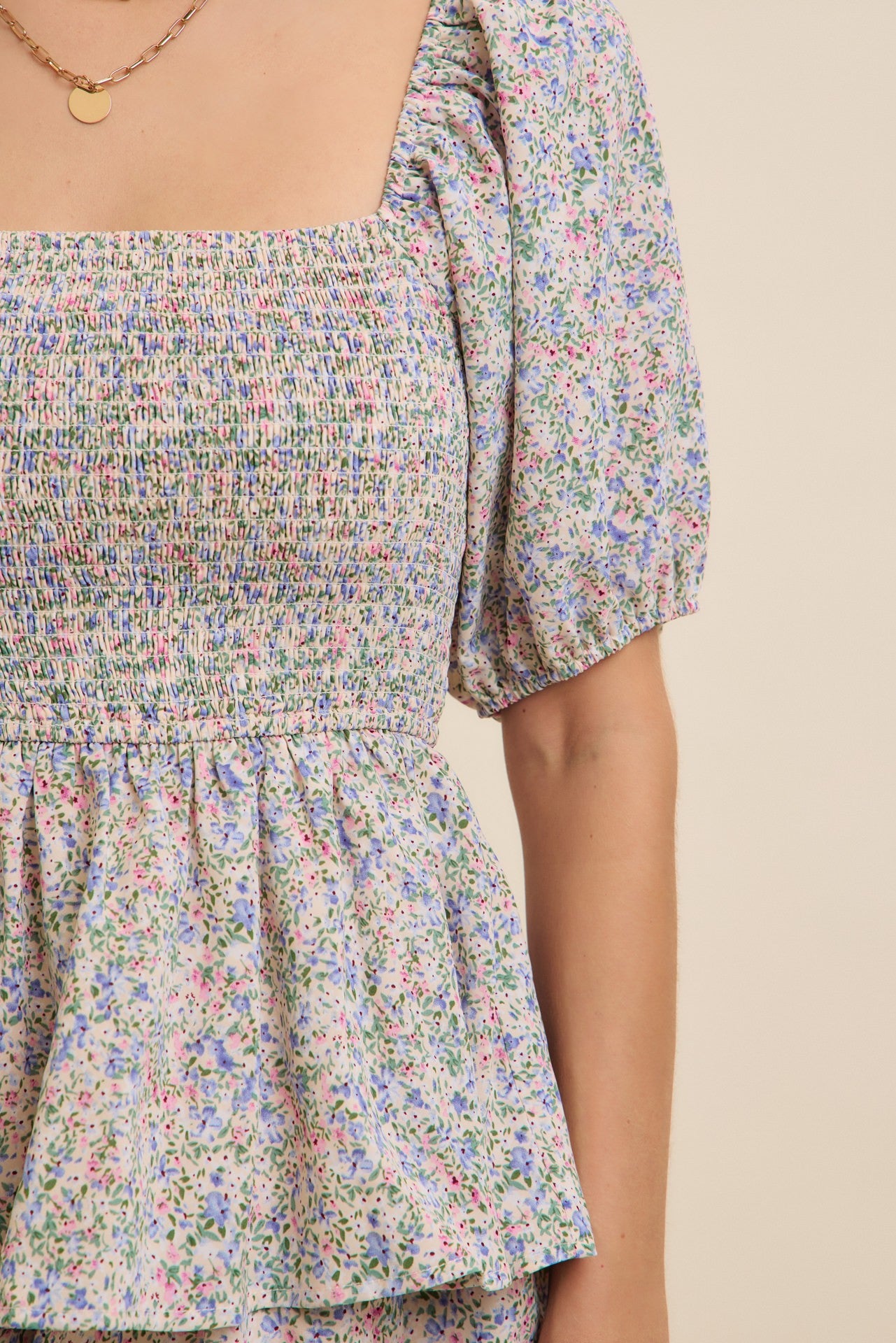 Floral smocked short sleeved ruffle maxi dress