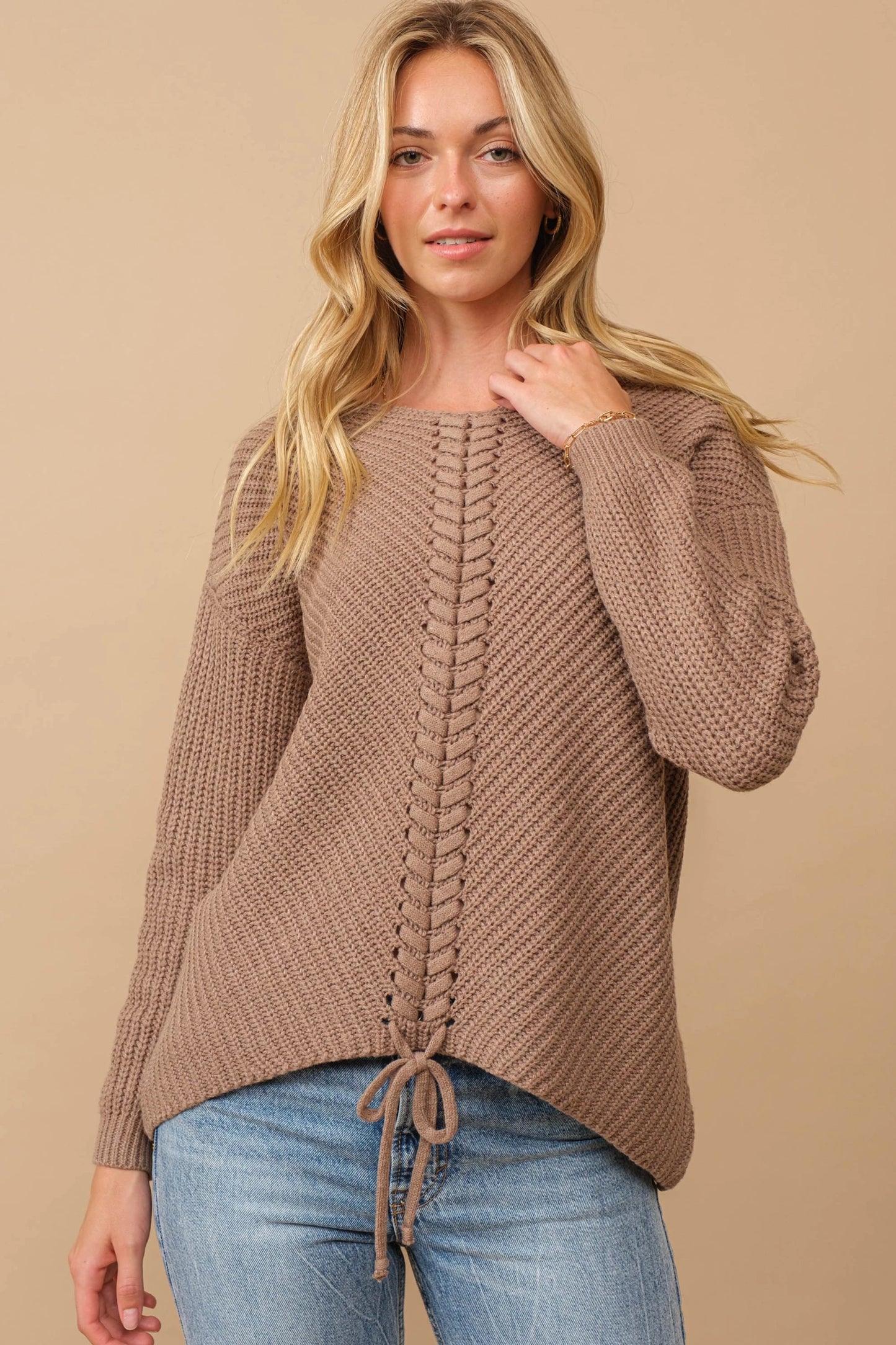 Ribbed knit round neck sweater with center lace-up detail Sweater Cozy Co   