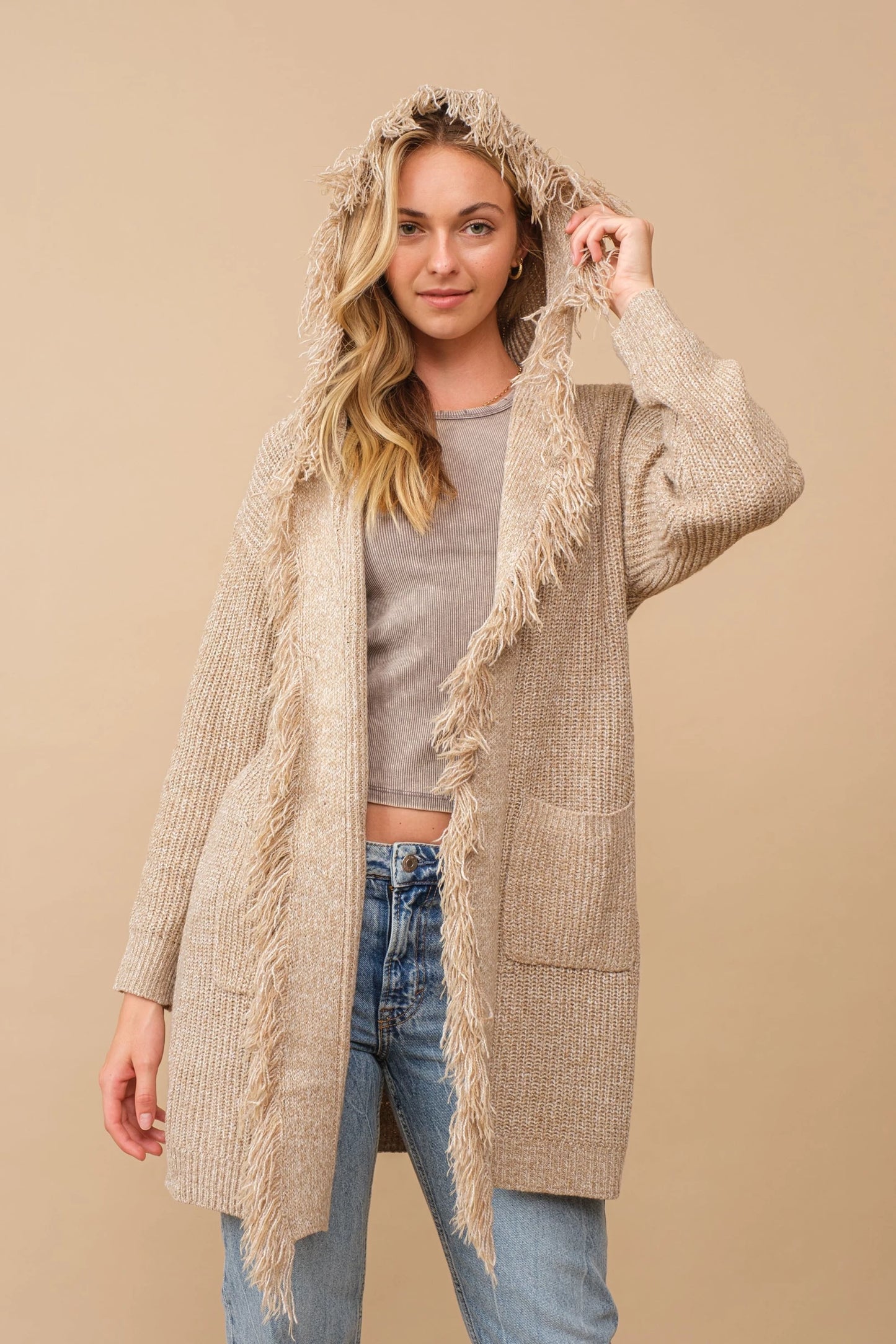 Hooded fringe knit open cardigan Cardigan Cozy Co   