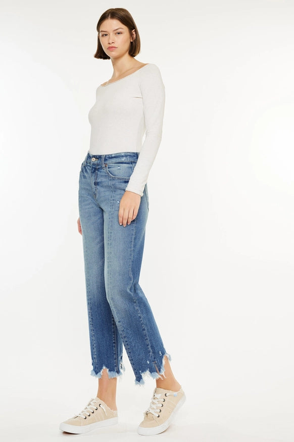 Kan Can high rise straight leg jeans with chewed hem