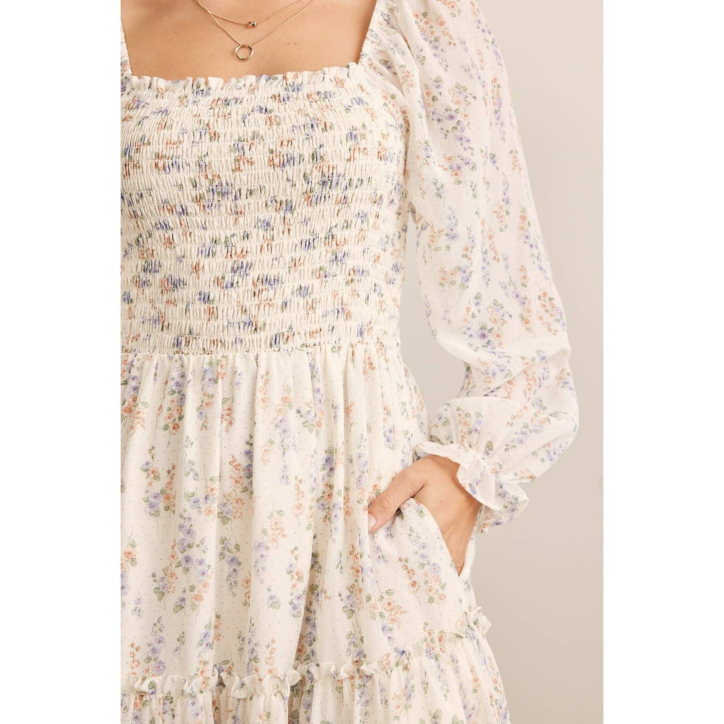 Floral print smocked tiered midi dress