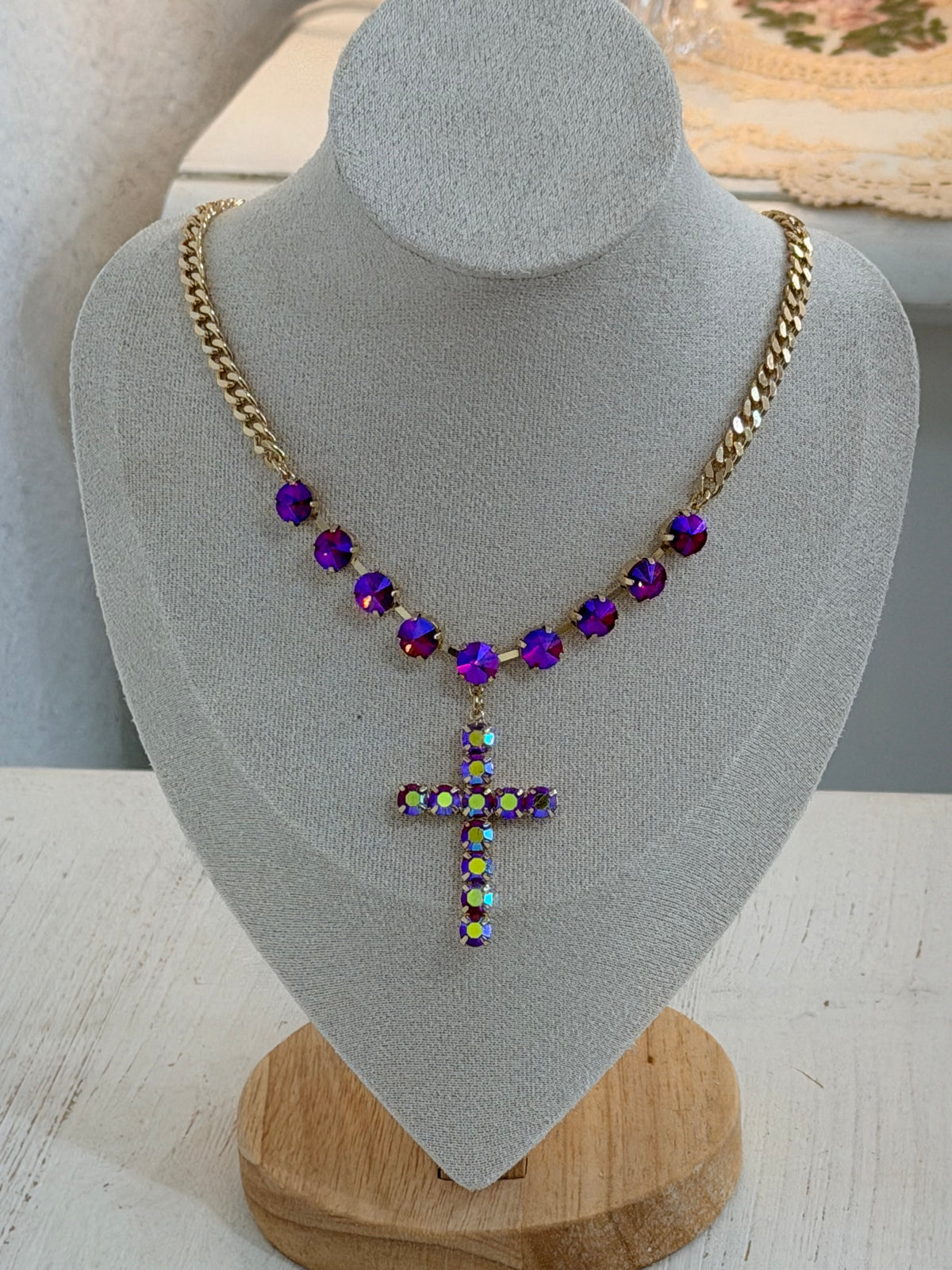 Gem 18k Gold Plated Gems and Cross Necklace