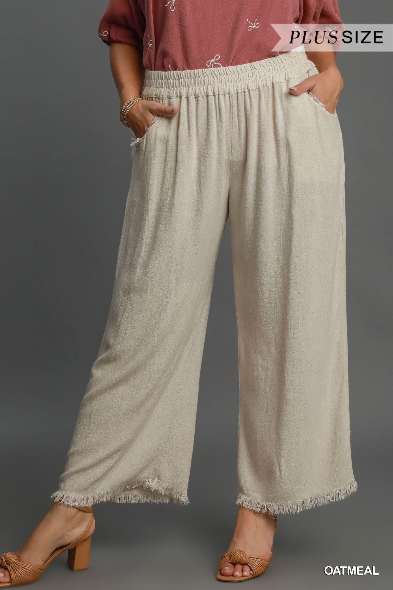 Linen blend elastic wiastband wide leg pants and frayed hem bottoms (Curvy)