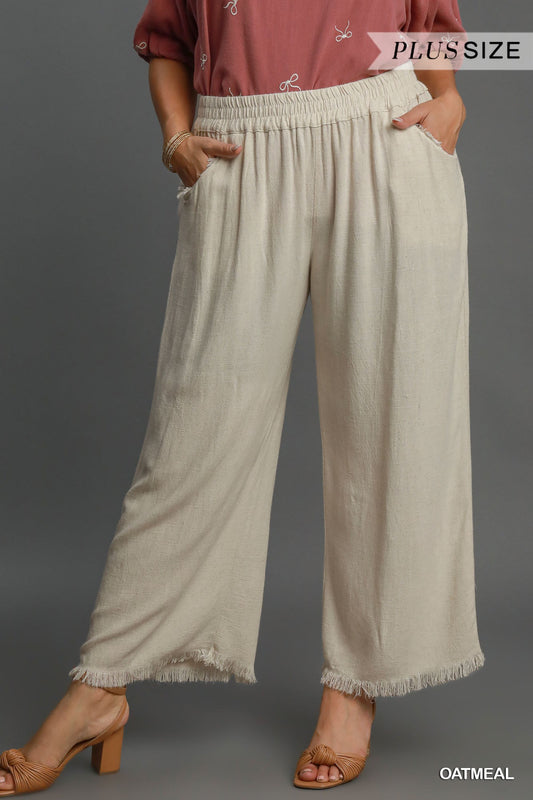 Linen blend elastic waistband wide leg pants and frayed hem bottoms (Curvy)