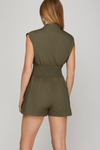 Cap sleeve woven smocked waist front zip romper with pockets