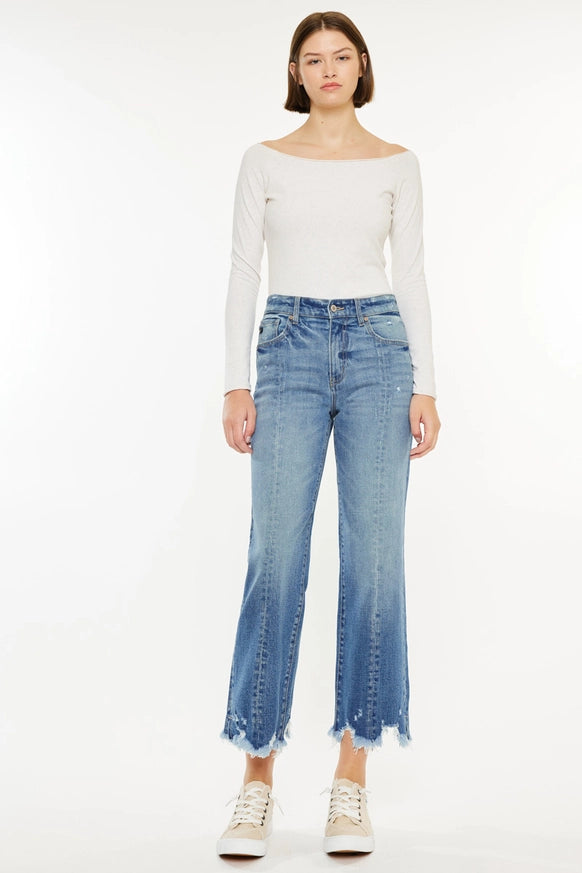 Kan Can high rise straight leg jeans with chewed hem