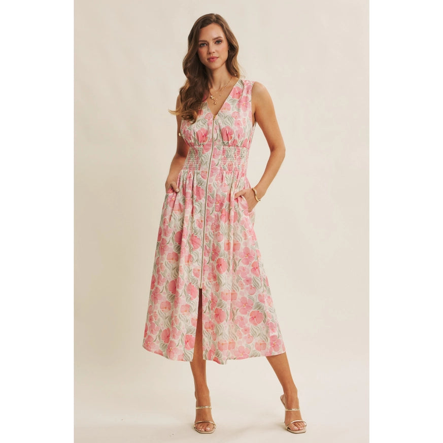 Fresh breath of Spring floral zip-front cotton midi dress