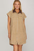 Short sleeve contrast collar button down twill suede mini shirt dress with pockets