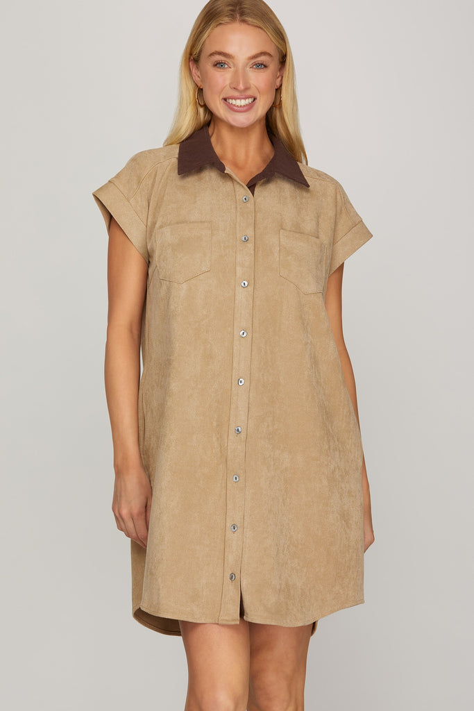 Short sleeve contrast collar button down twill suede mini shirt dress with pockets