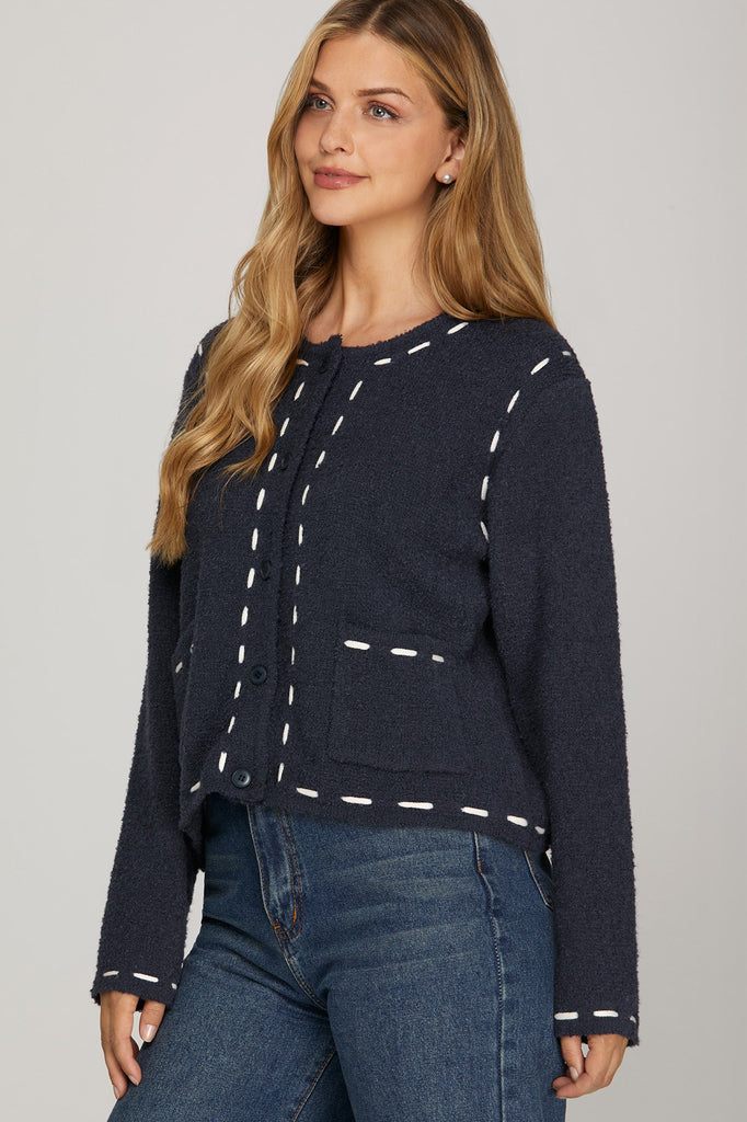 Long sleeve front button closure sweater cardigan with front pockets and contrast stitch detail
