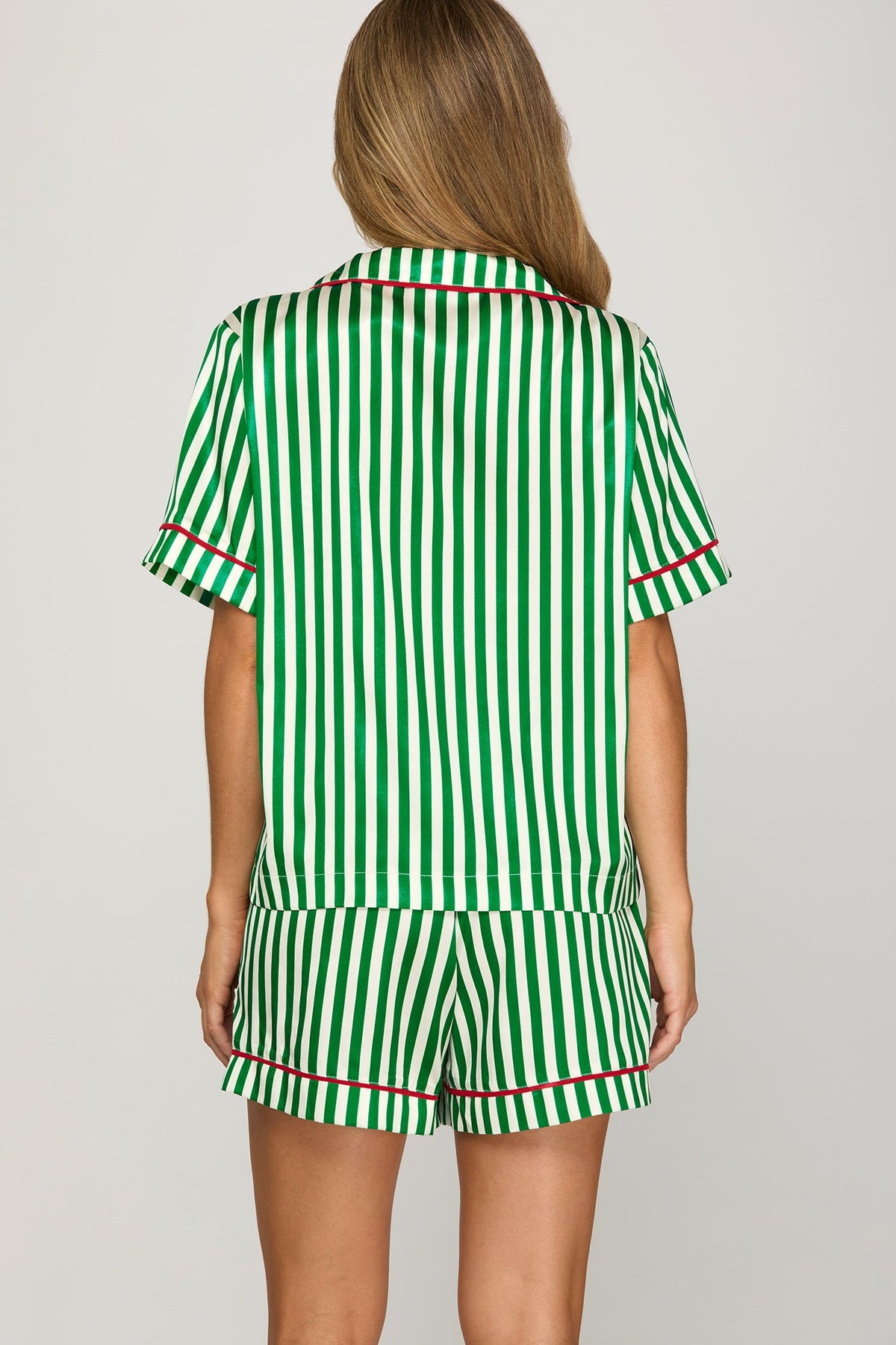 Striped woven print short sleeve top and shorts pajama set