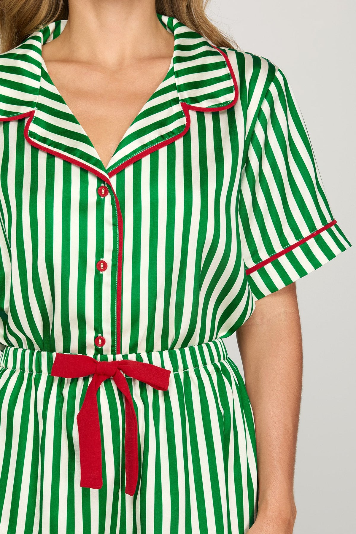 Striped woven print short sleeve top and shorts pajama set