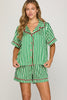 Striped woven print short sleeve top and shorts pajama set