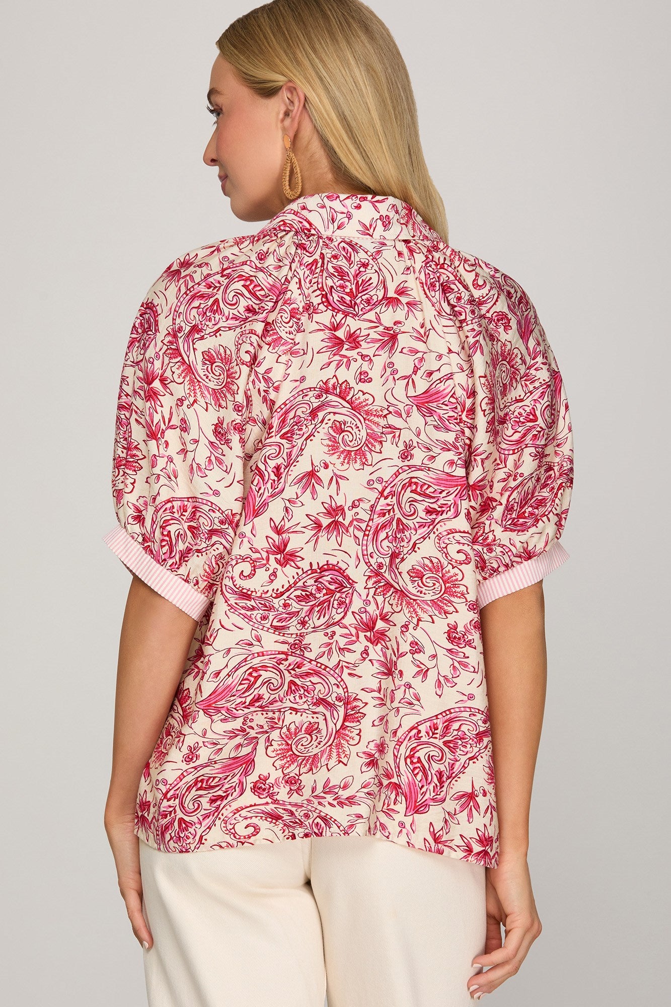 Short sleeve button down printed top