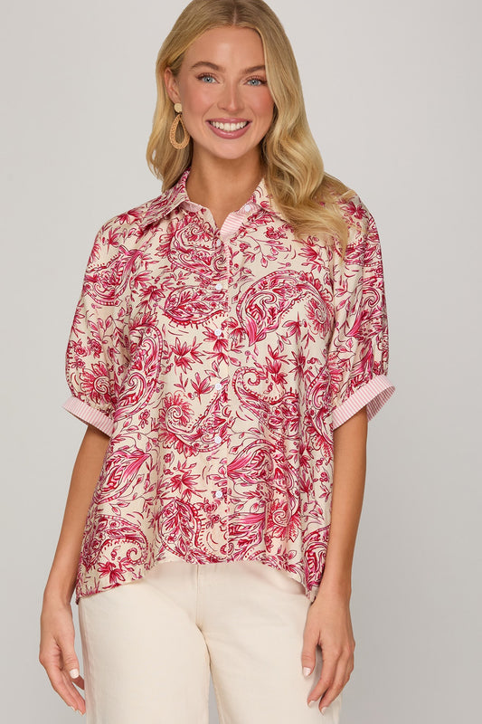 Short sleeve button down printed top