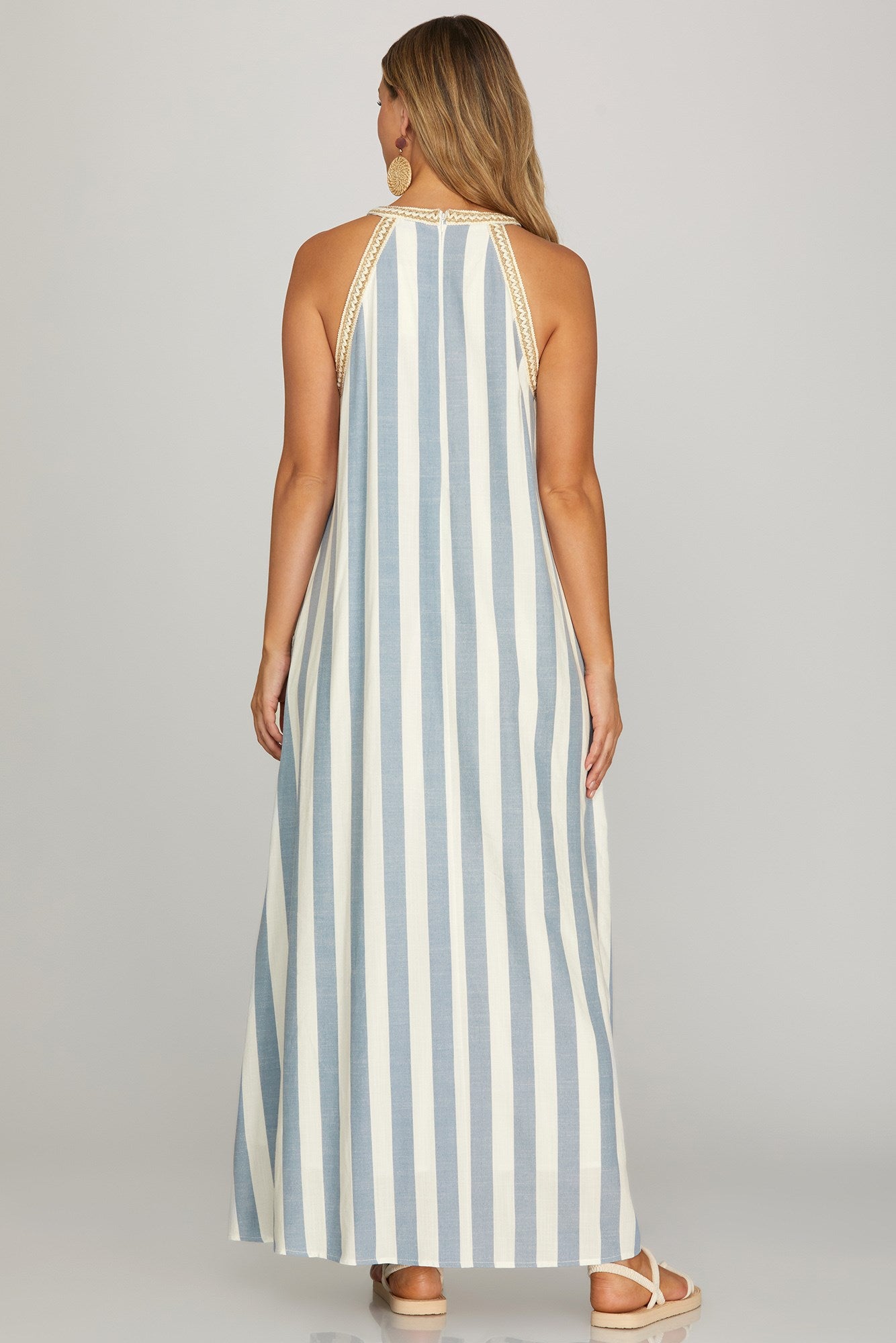 Halter neck with trim stripe woven A-line maxi dress with pockets