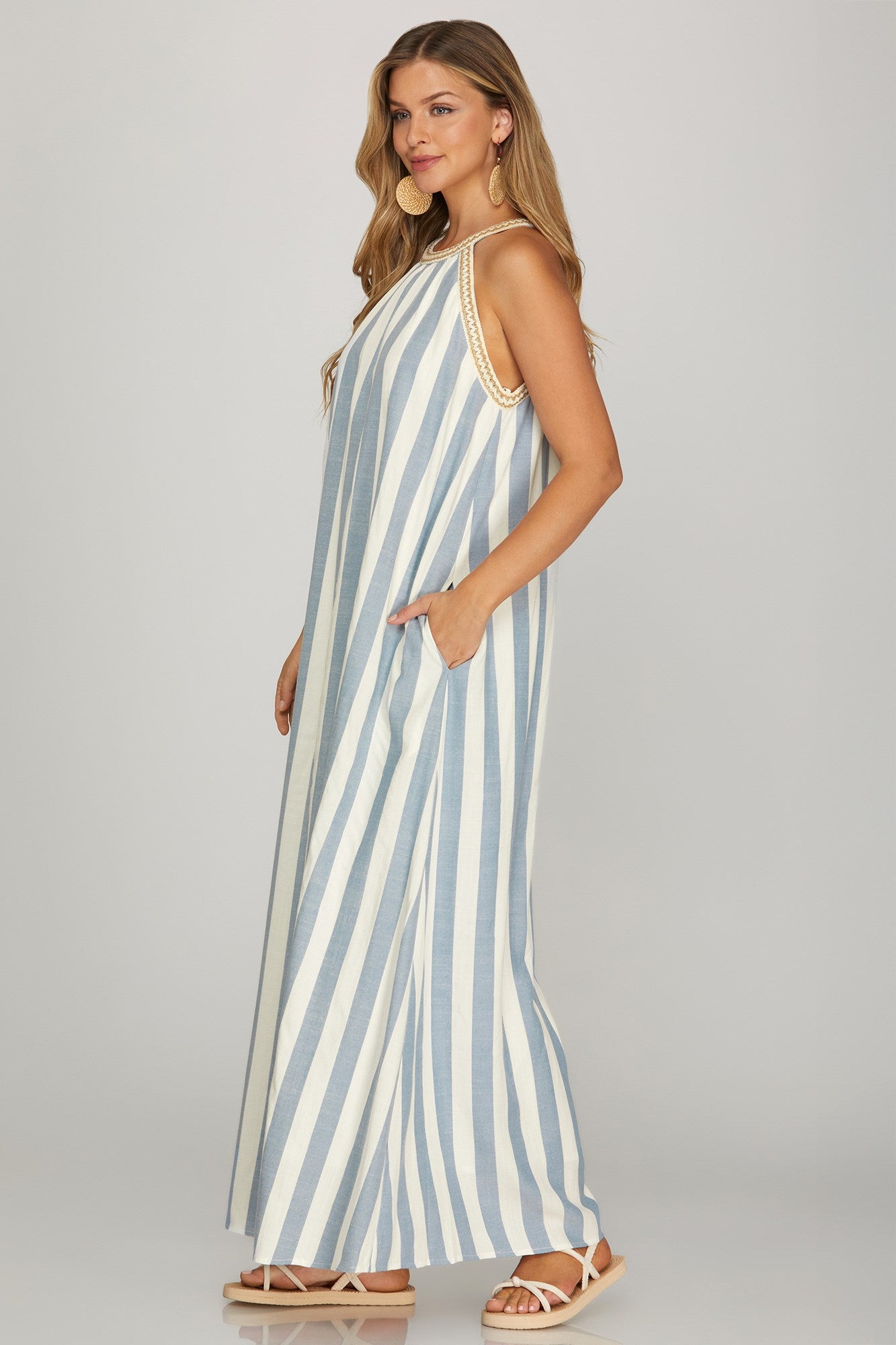 Halter neck with trim stripe woven A-line maxi dress with pockets