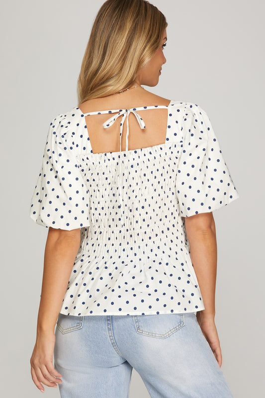 Puff half sleeve polka dot woven smocked peplum top