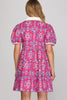 Puff sleeve rib band collar printed woven tiered mini dress with pockets