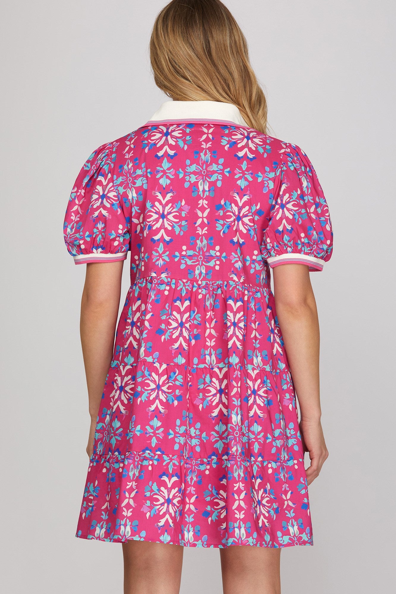 Puff sleeve rib band collar printed woven tiered mini dress with pockets