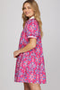 Puff sleeve rib band collar printed woven tiered mini dress with pockets