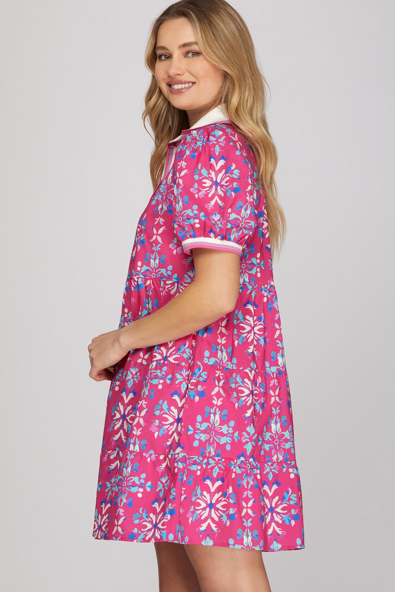 Puff sleeve rib band collar printed woven tiered mini dress with pockets
