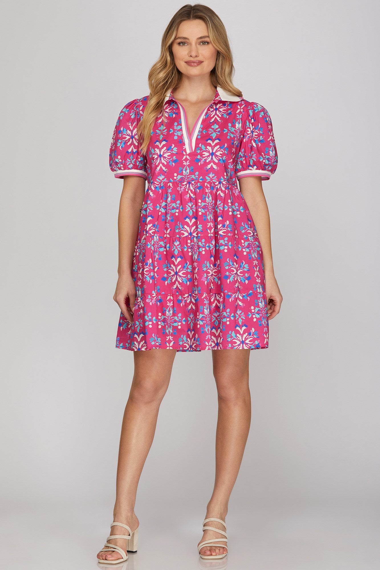 Puff sleeve rib band collar printed woven tiered mini dress with pockets
