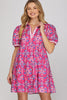 Puff sleeve rib band collar printed woven tiered mini dress with pockets