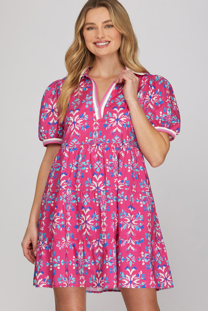 Puff sleeve rib band collar printed woven tiered mini dress with pockets