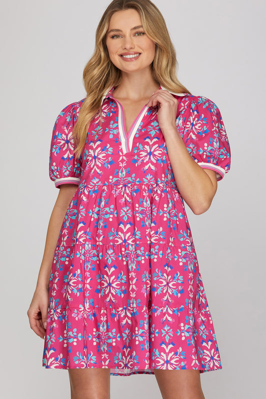 Puff sleeve rib band collar printed woven tiered mini dress with pockets