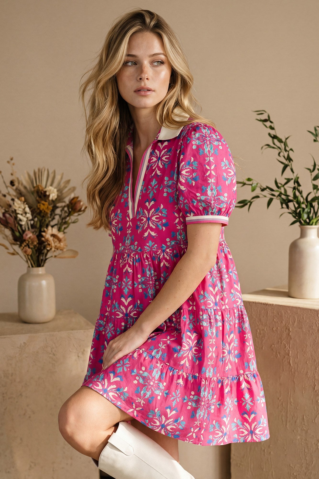 Puff sleeve rib band collar printed woven tiered mini dress with pockets