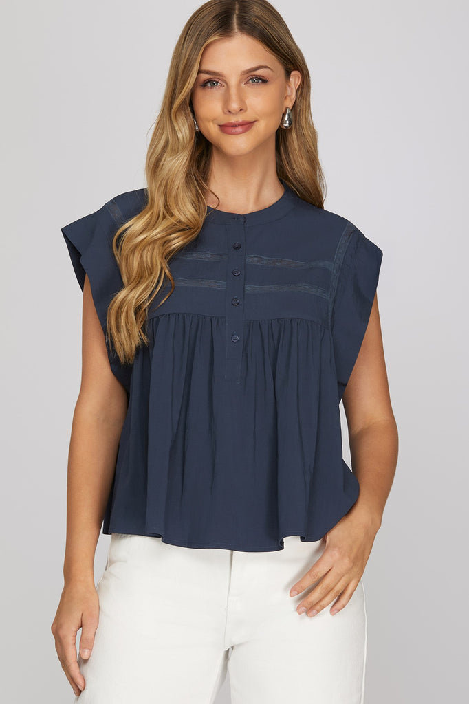 Drop shoulder laced half front button woven top