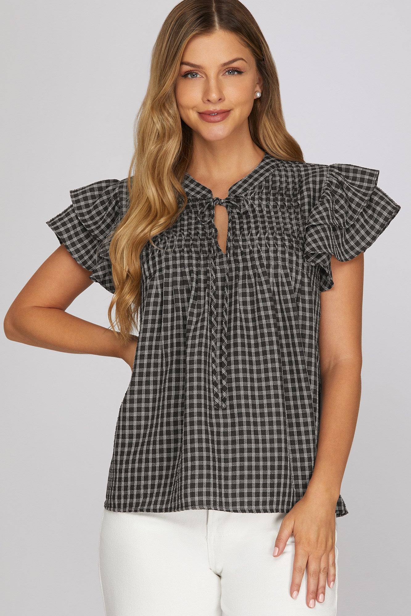 Ruffle sleeve pintuck woven gingham top