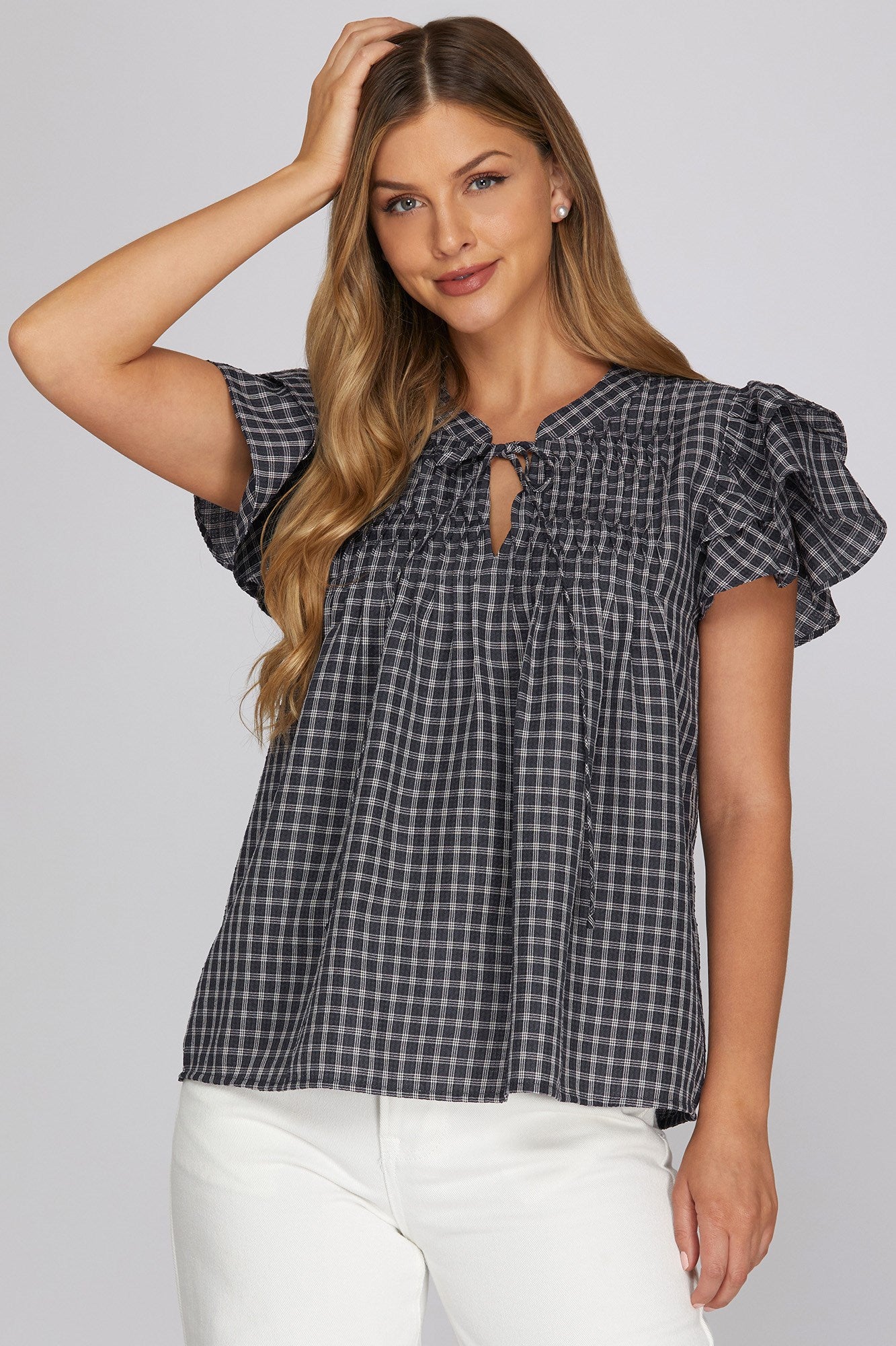Ruffle sleeve pintuck woven gingham top