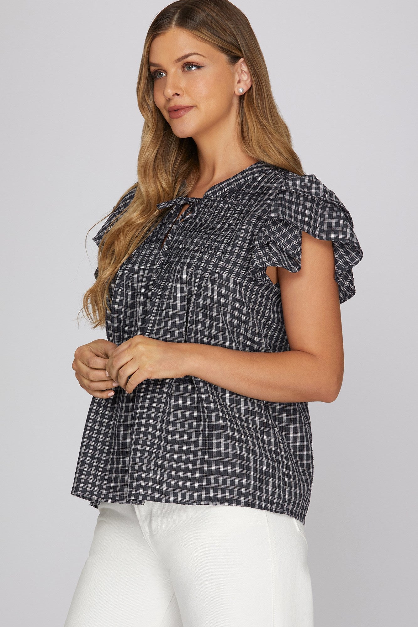 Ruffle sleeve pintuck woven gingham top