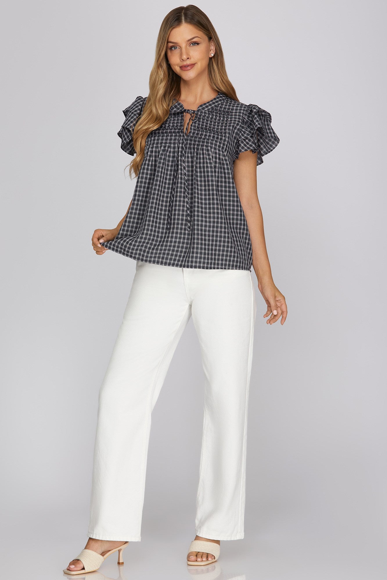 Ruffle sleeve pintuck woven gingham top