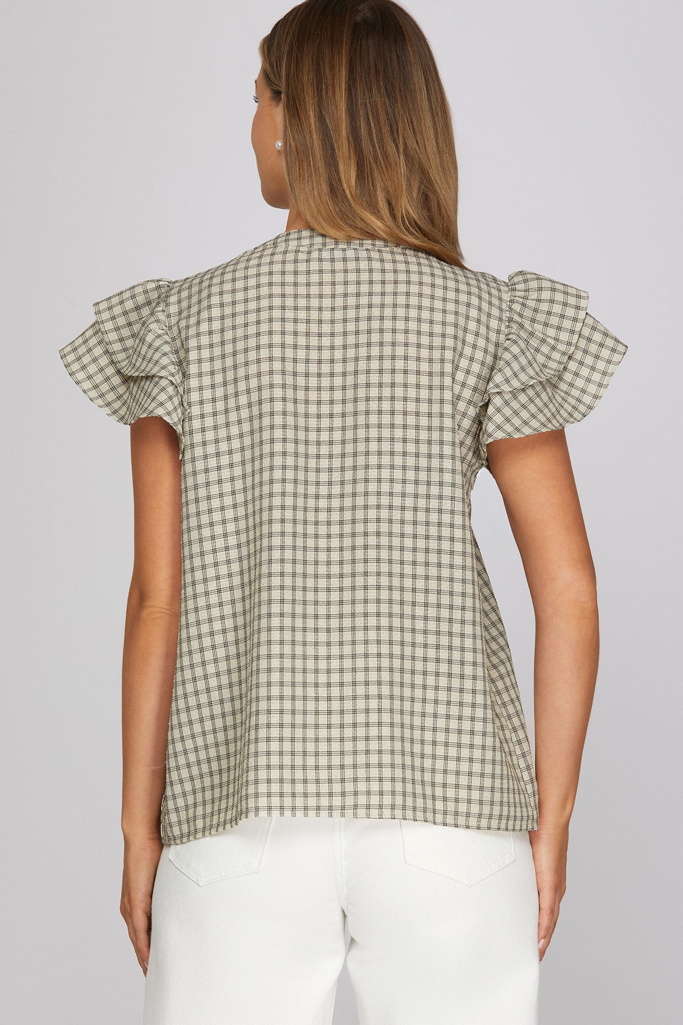 Ruffle sleeve pintuck woven gingham top