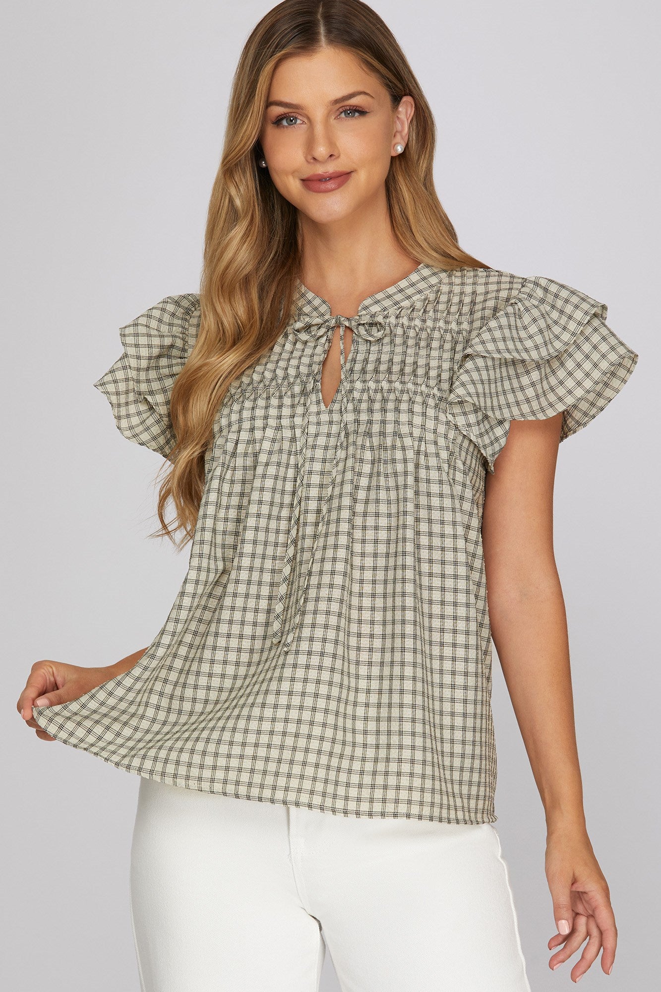 Ruffle sleeve pintuck woven gingham top