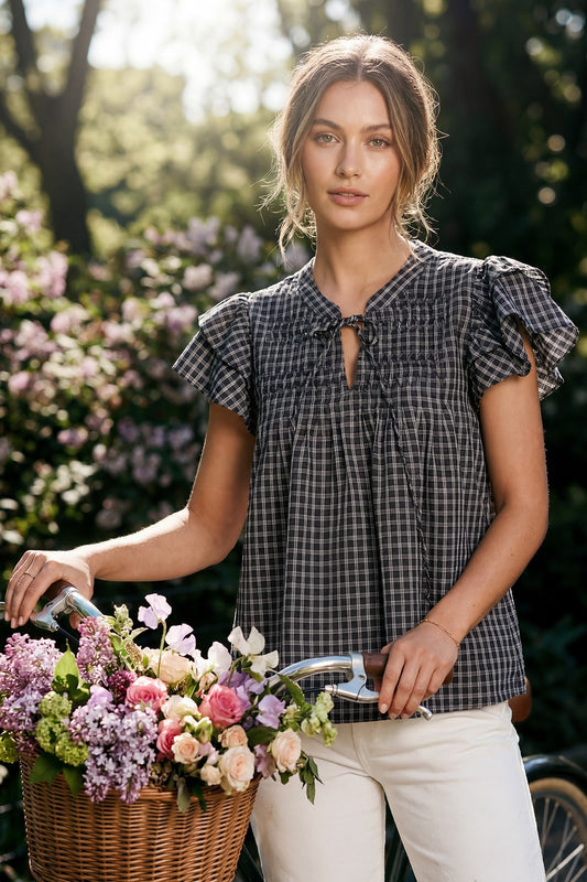 Ruffle sleeve pintuck woven gingham top