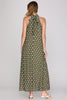 Sleeveless woven polka dot print halter maxi dress with lining and pockets