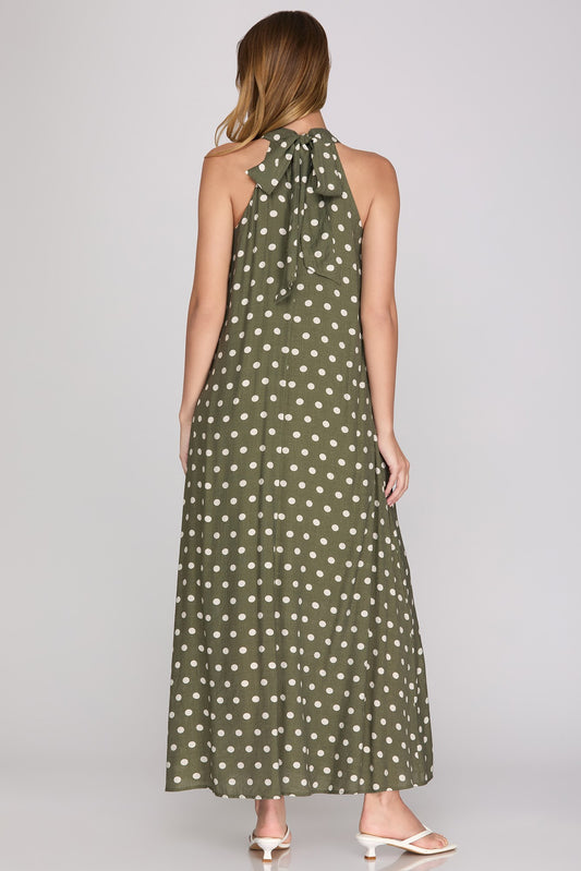 Sleeveless woven polka dot print halter maxi dress with lining and pockets