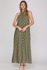 Sleeveless woven polka dot print halter maxi dress with lining and pockets