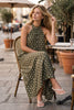 Sleeveless woven polka dot print halter maxi dress with lining and pockets