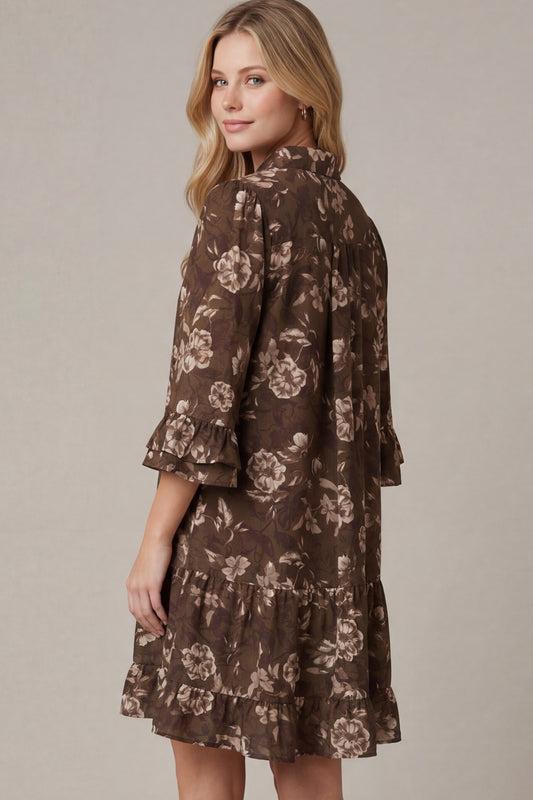 3/4 sleeve button down ruffle hem floral print woven mini dress with pockets