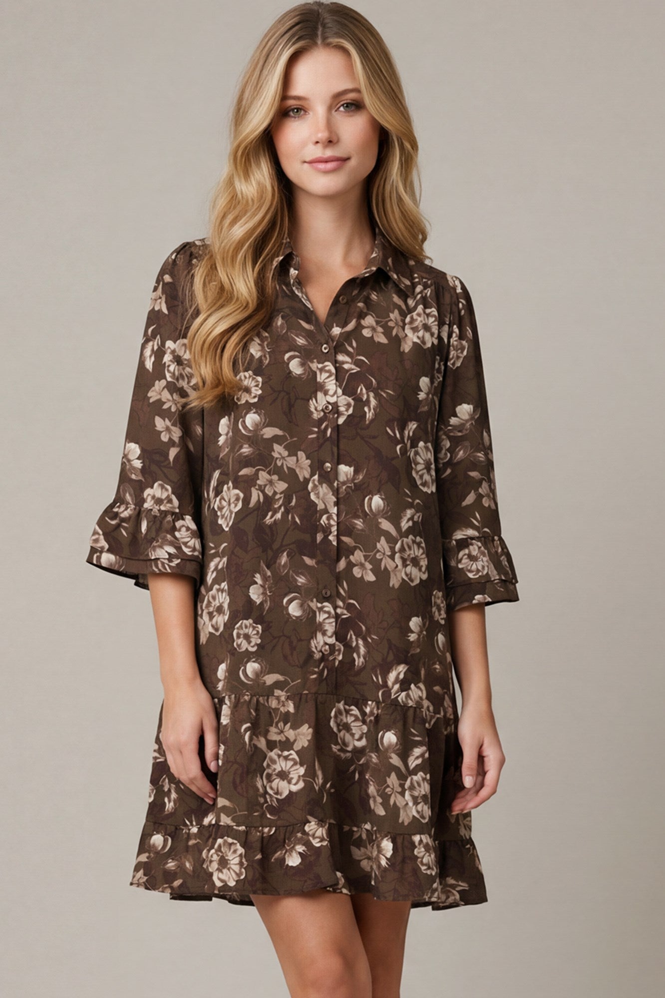 3/4 sleeve button down ruffle hem floral print woven mini dress with pockets